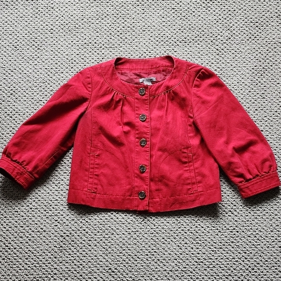 Ann Taylor Barn Red Twill Button-Up Crop Collarless Jacket 3/4 sleeve 4P-Small - Picture 1 of 8